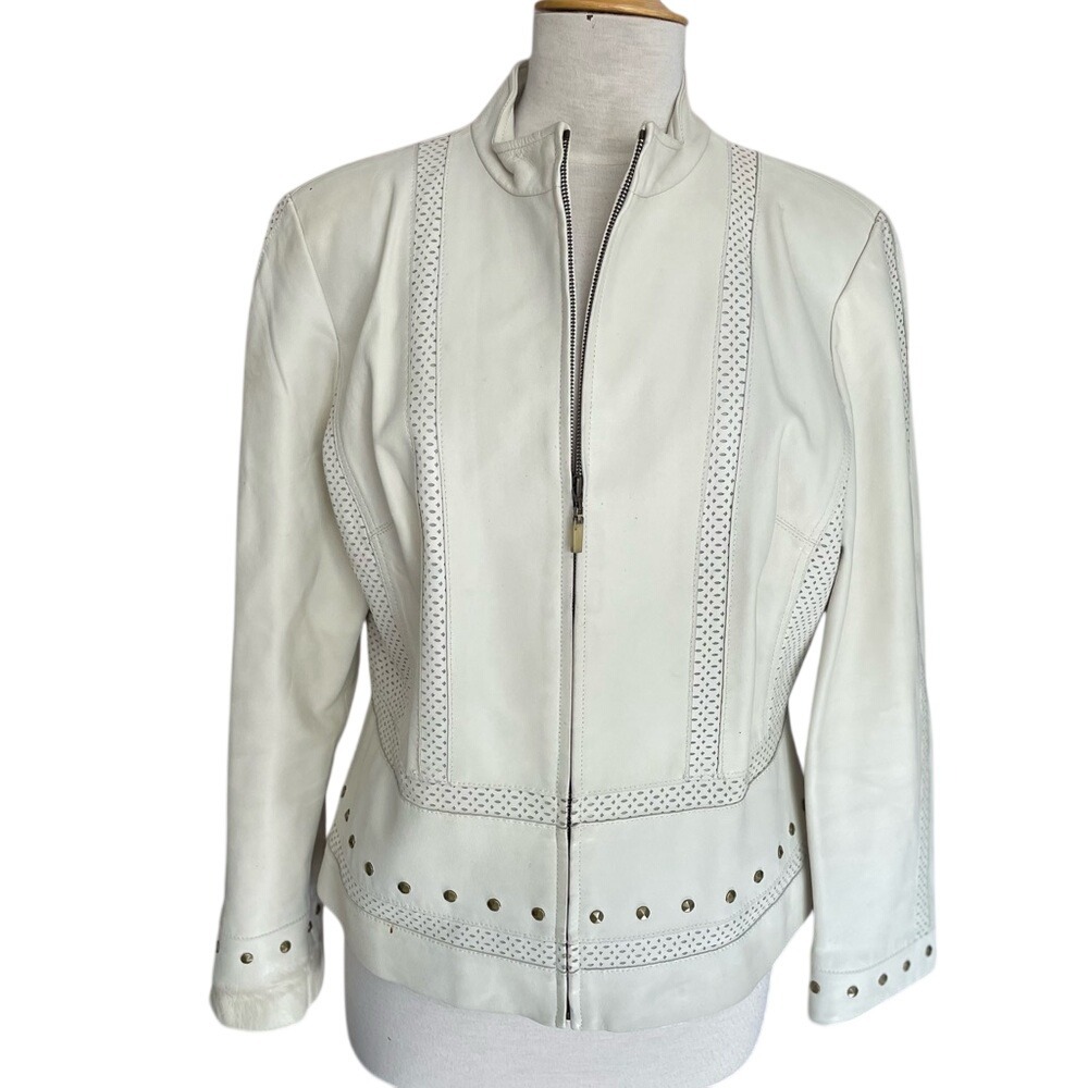 Doncaster Sport Ivory Cream Studded Leather Jacket with mesh like detail S 16 💐